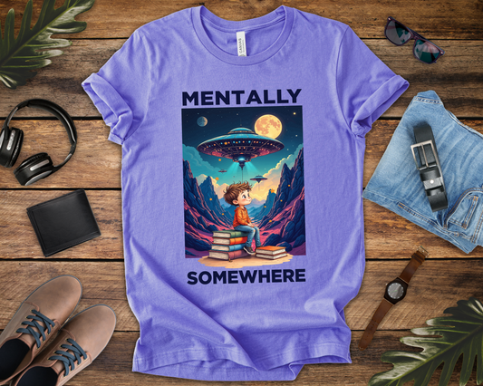 Mentally Somewhere Else – Boy on Books with Space Scene Graphic T-Shirt