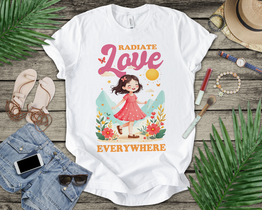 Radiate LOVE Everywhere – Happy Girl Walking in Flower Garden with Butterflies Graphic T-Shirt