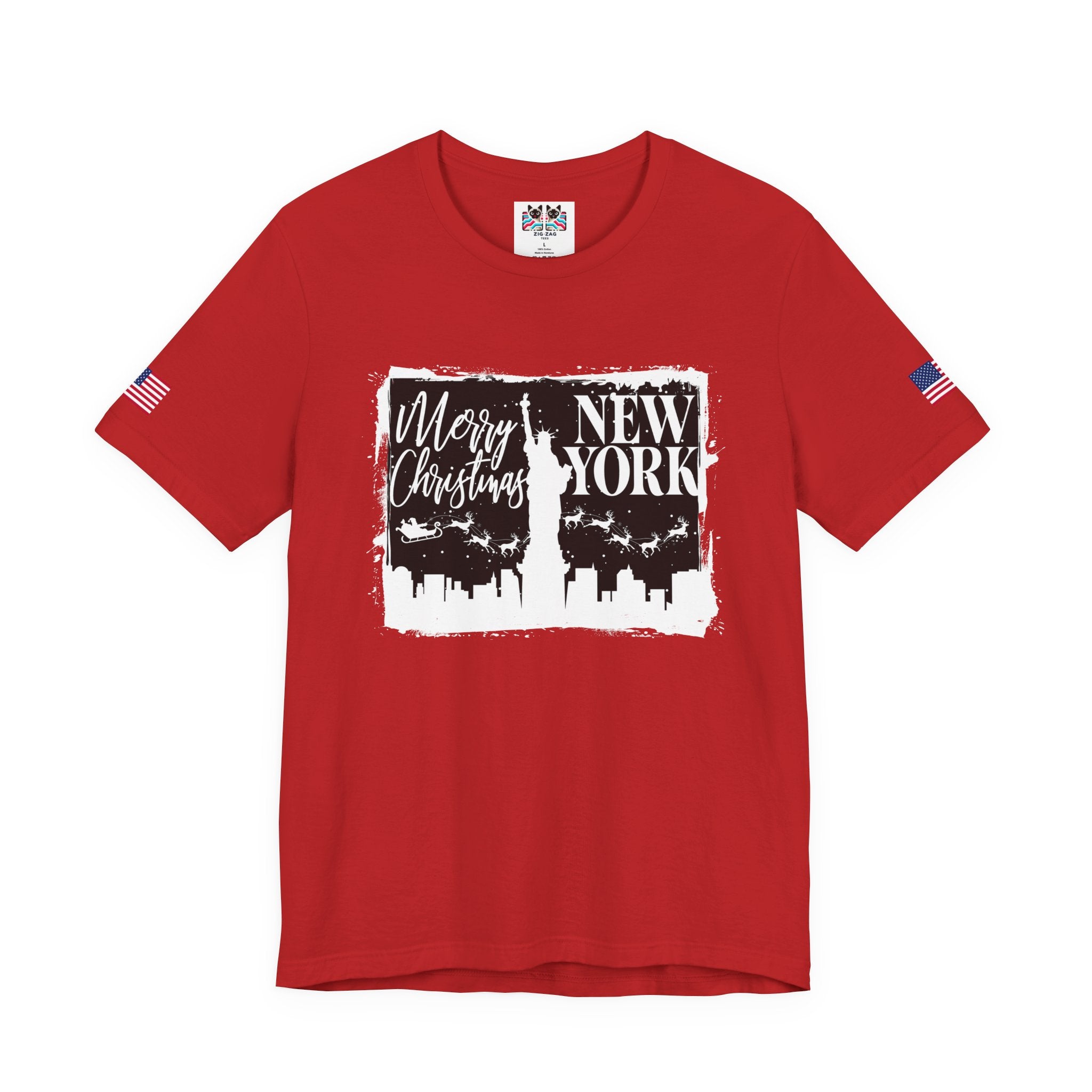 Merry Christmas New York T-Shirt - NYC Holiday Skyline with Santa & Statue of Liberty