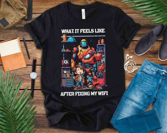 What It Feels Like After Fixing My WIFI – Joyful Boy with Tools Graphic T-Shirt