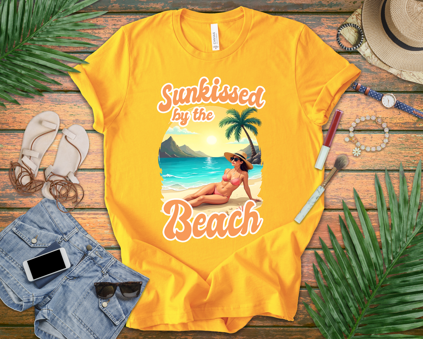 Sunkissed by the Beach – Relaxed Lady on Palm Shore Graphic T-Shirt