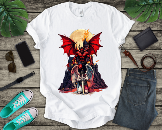 Beast Dominion – Floating Vampire Over Fallen Winged Fighter Graphic T-Shirt
