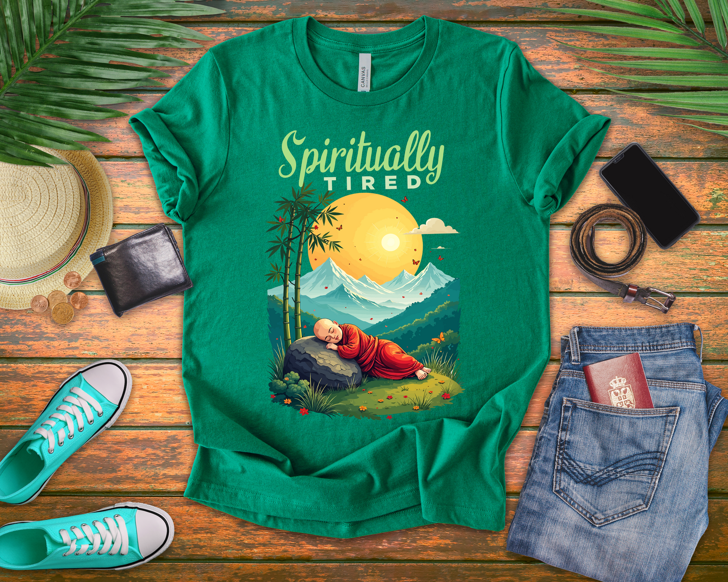 Spiritually Tired – Sleeping Monk Boy in Sunrise Nature Graphic T-Shirt