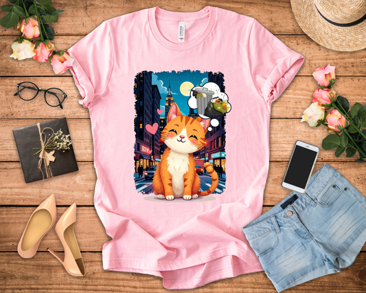 City Cat Dreams – Happy Orange Cat with Urban Garbage Thought Bubble Graphic T-Shirt