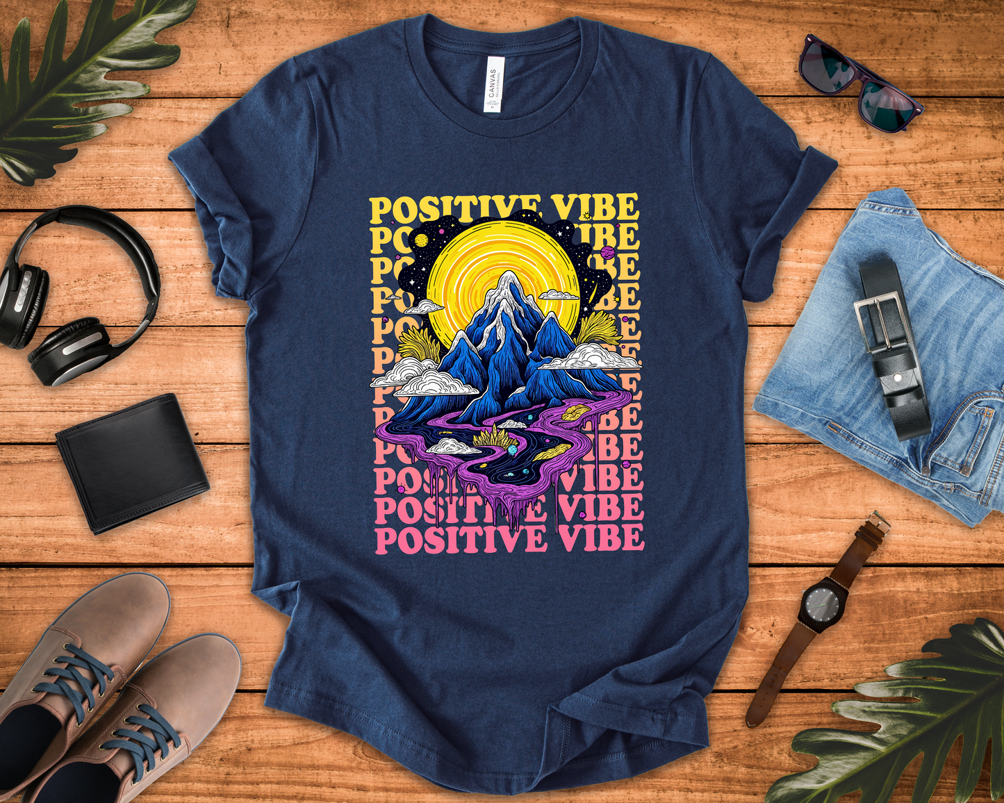 Positive Vibes – Cosmic Sun and Solar System Drip Graphic T-Shirt