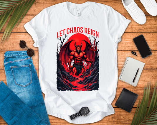 Let Chaos Reign – Fierce Beast with Wings on Fiery under Red Moon Graphic T-Shirt