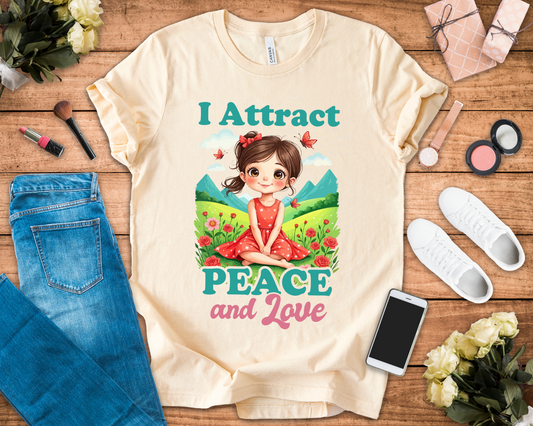 I Attract PEACE & Love – Little Girl in Nature with Butterflies Graphic T-Shirt