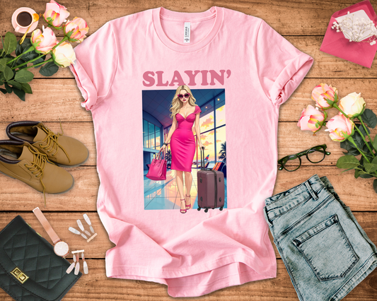 Slayin’ – Pink Airport Lounge Fashion Graphic T-Shirt