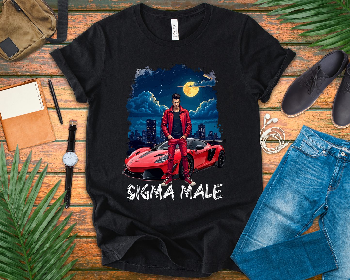 SIGMA MALE – Man in Red Jacket with Racing Car and Full Moon Graphic T-Shirt