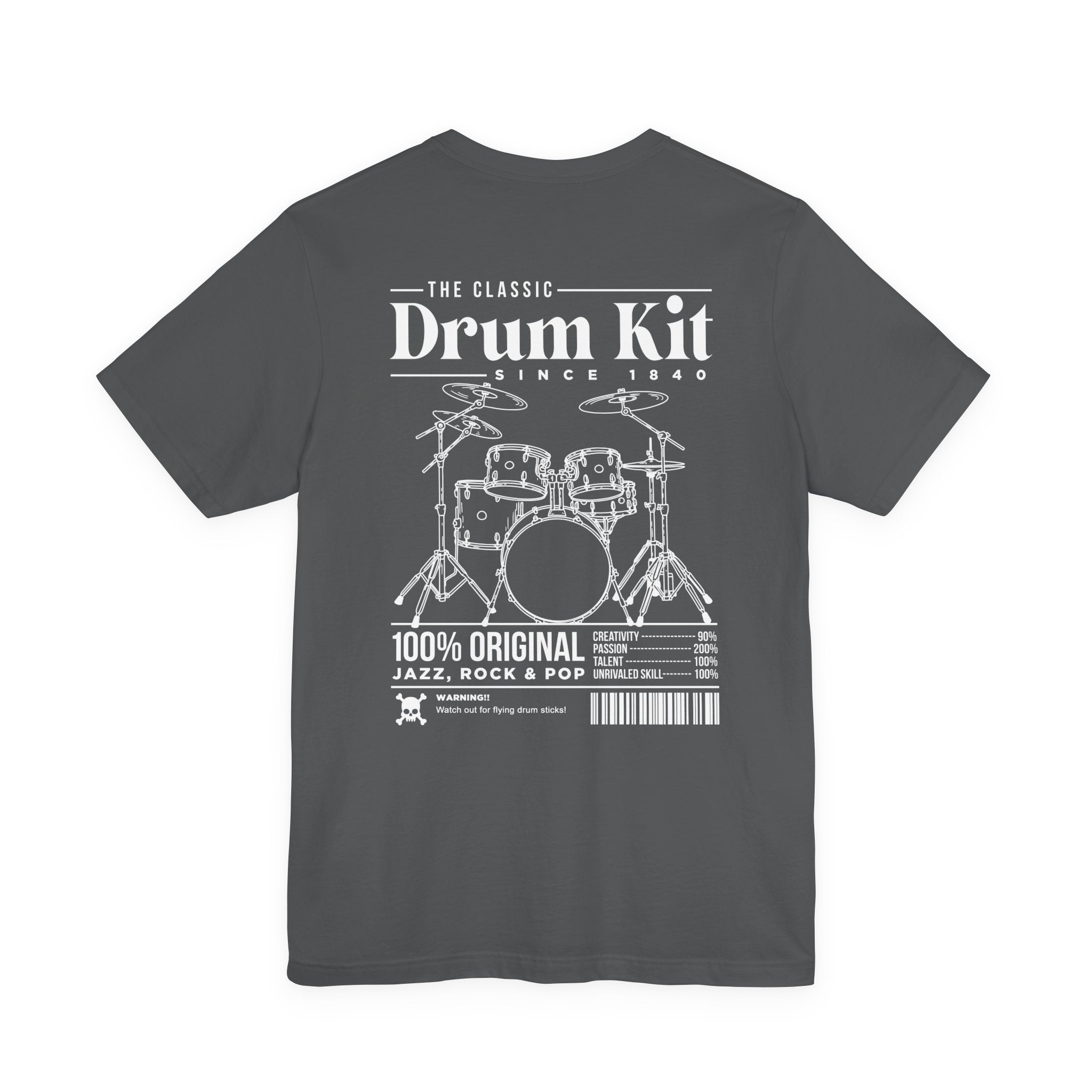 The Classic Drum Kit T-Shirt – Vintage Design with Bold Music Stats & Warning