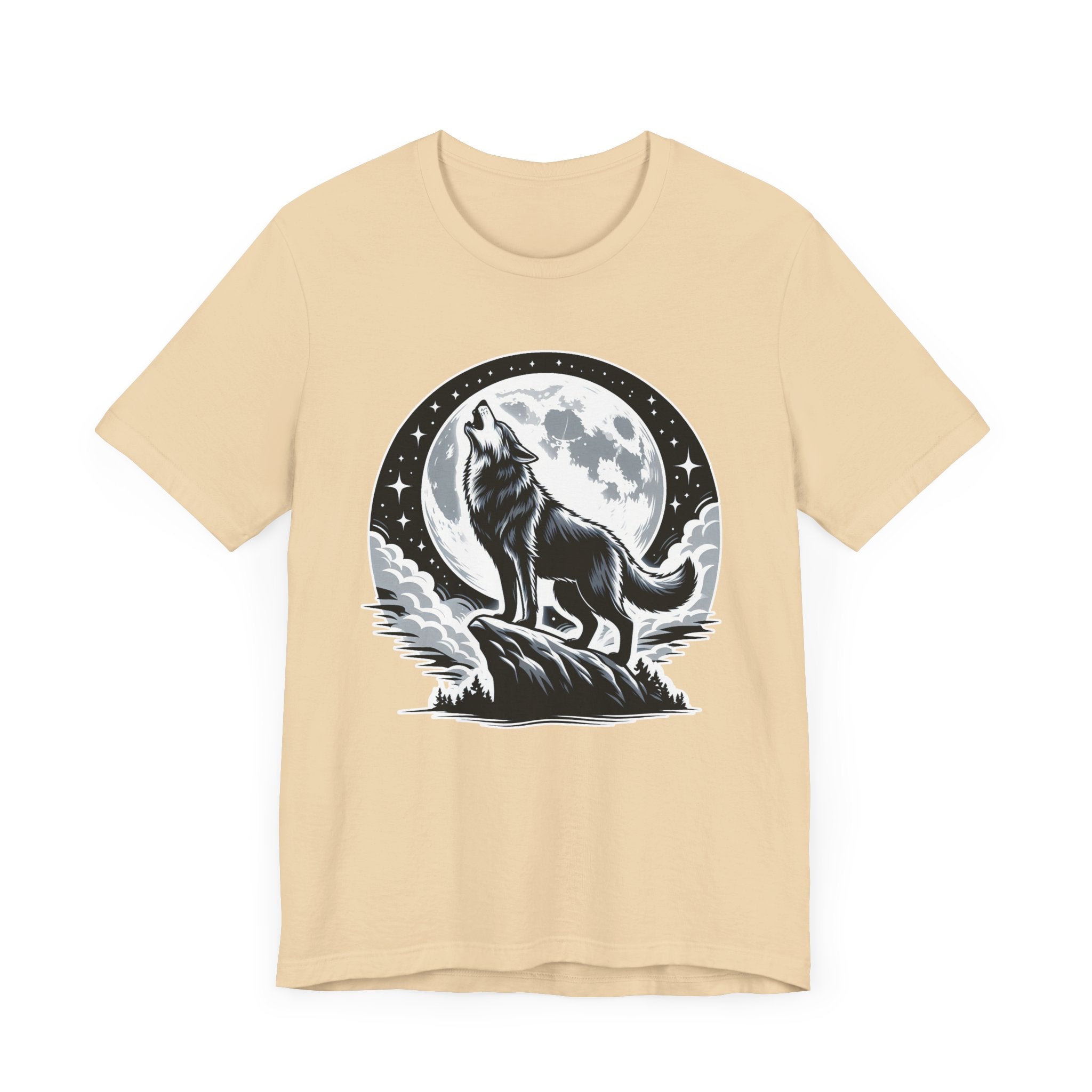 Mystical and Wild - Wolf Howling on Mountain Edge with Full Moon and Stars Graphic T-Shirt