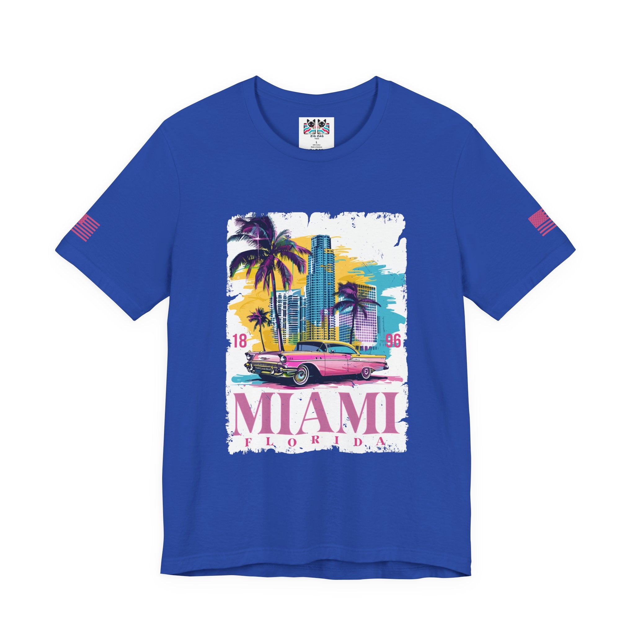 Miami Florida 1896 T-Shirt – Pink Classic Car Palm Tree Skyline Colorful Graphic Tee