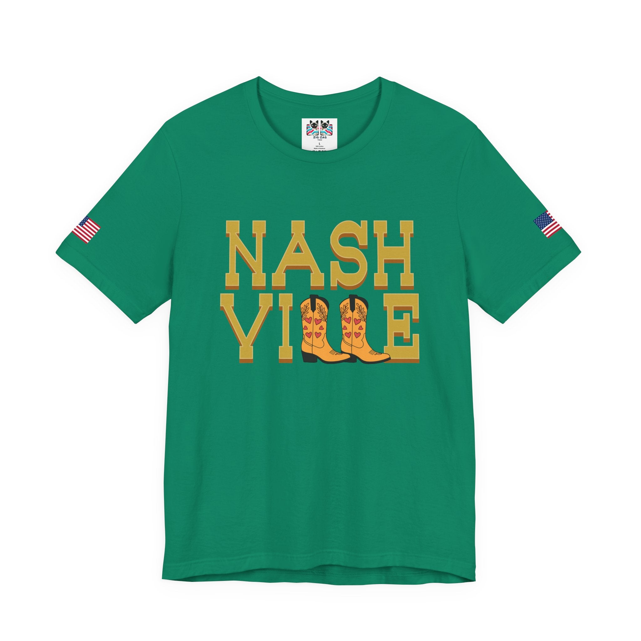 Nashville T-Shirt – Bold Gold Block Letter Cowboy Boots Graphic Tee