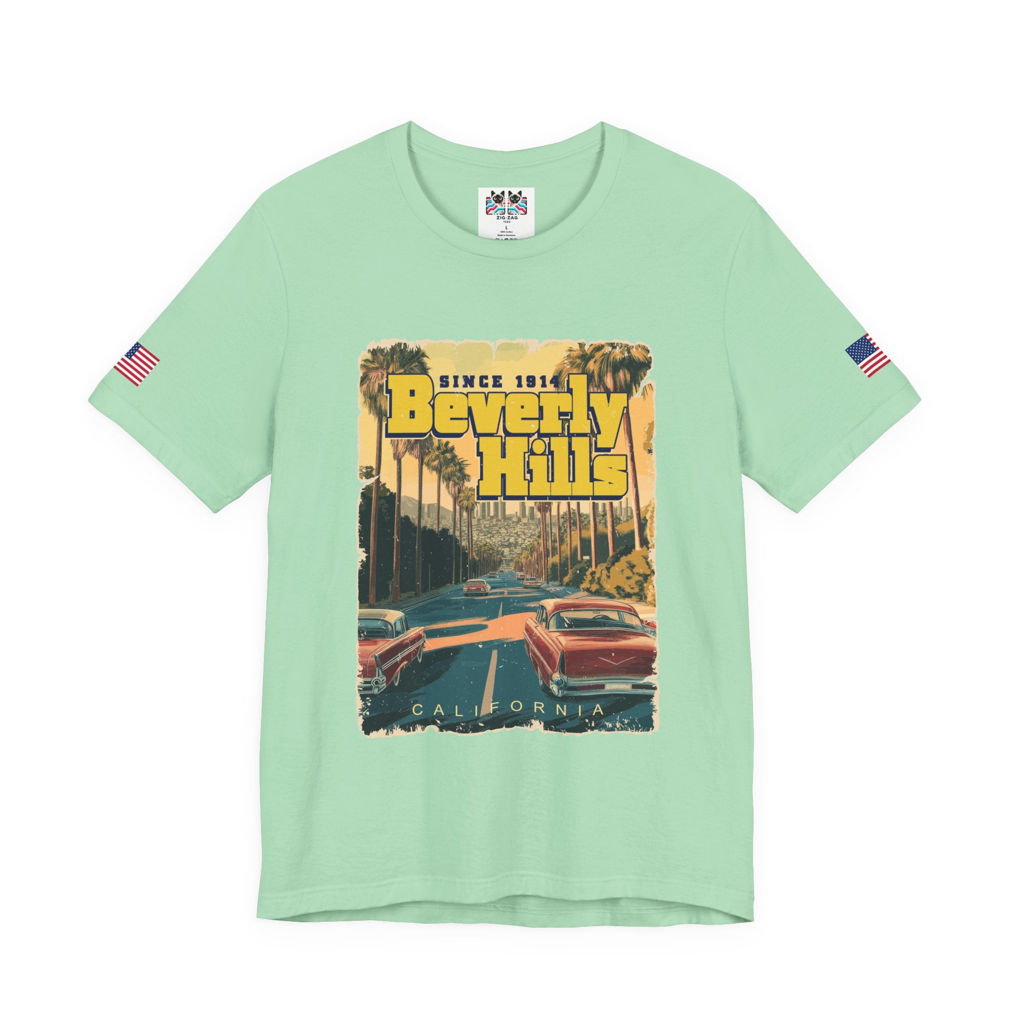 Beverly Hills Since 1914 California T-Shirt – Classic Cars Palm Boulevard Retro Graphic Tee