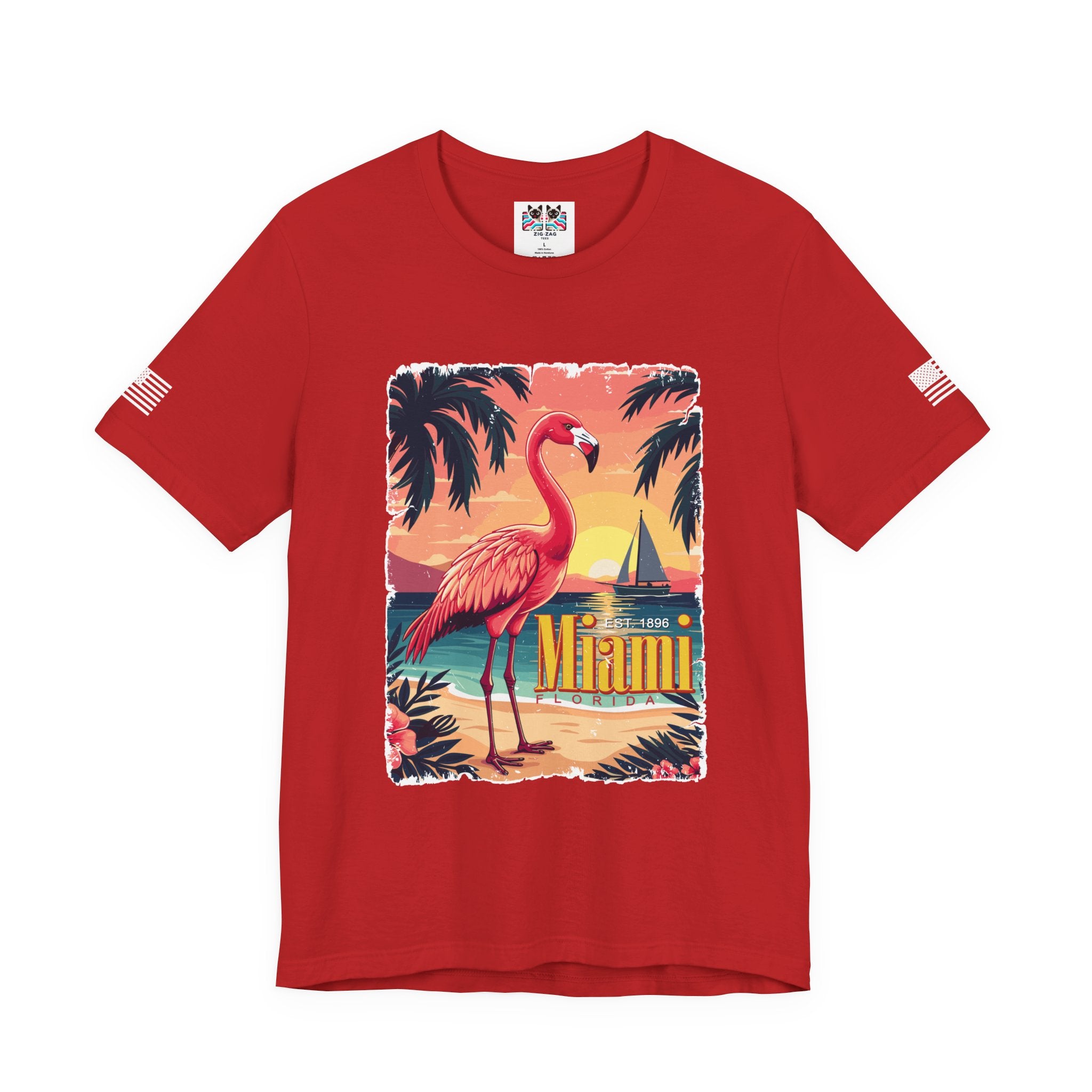 Miami Florida EST 1896 T-Shirt – Flamingo Vintage Travel Poster Beach Sunset Tee