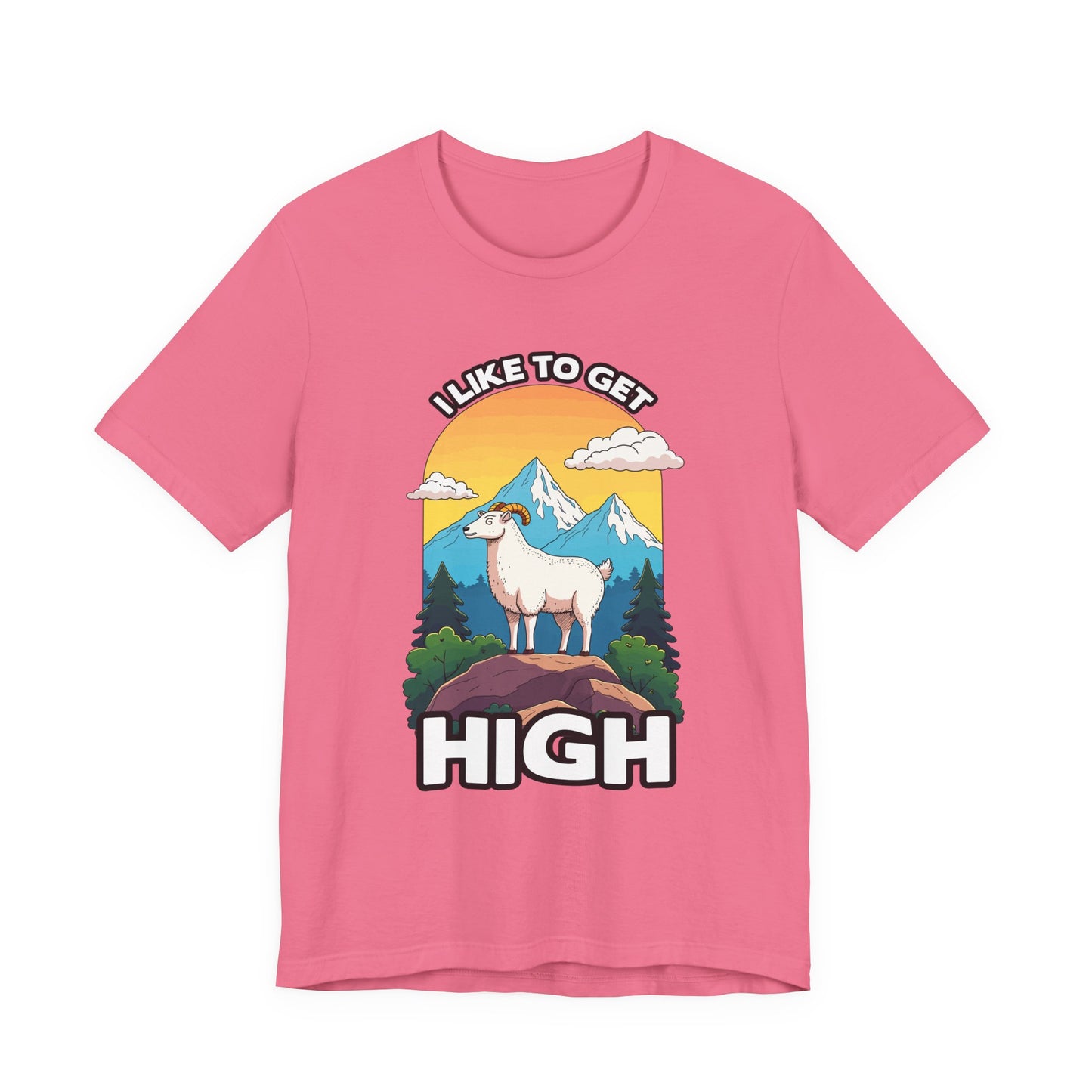 I Like to Get High Tshirt – Mountain Goat Standing on High Rock with Mountain Scenery