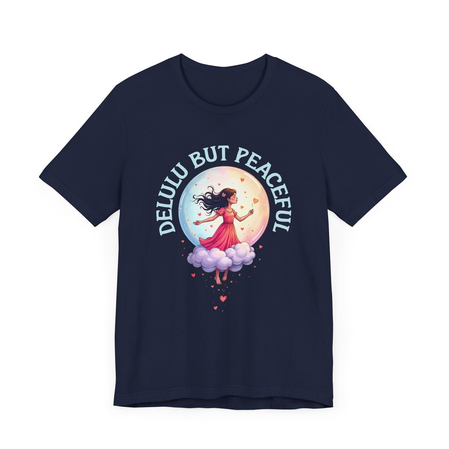 Delulu But Peaceful – Blissfully Unrealistic Floating Girl with Moon & Hearts Graphic T-Shirt