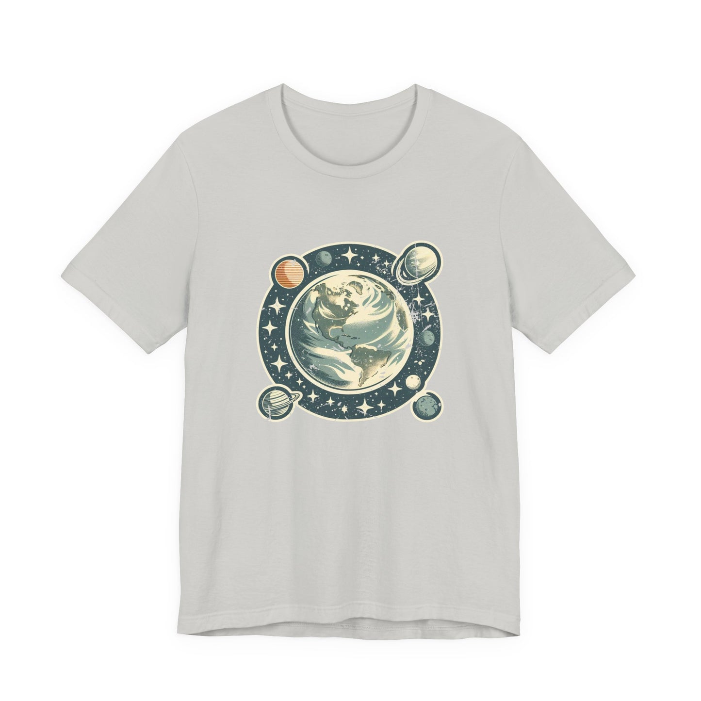 Earth Was Cool Tshirt – Gray Earth with Circular Planets and Stars Design
