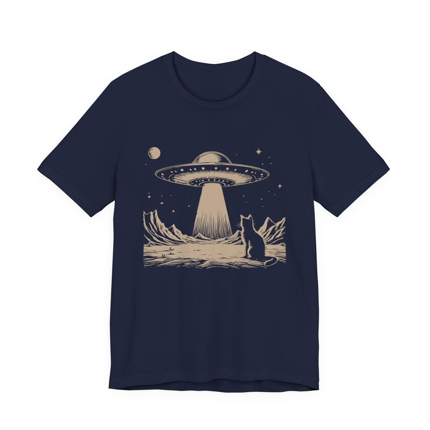 Cat Watching UFO T-Shirt – Mysterious Space Scene Graphic Tee