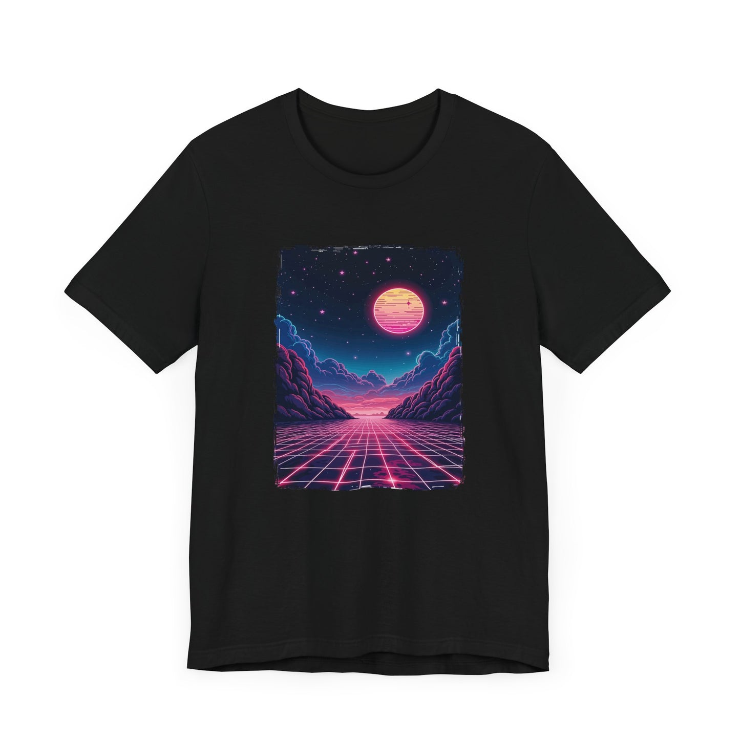 Neon Dream – Full Moon Night Waterfront with Mountains and Glowing Sky Graphic T-Shirt