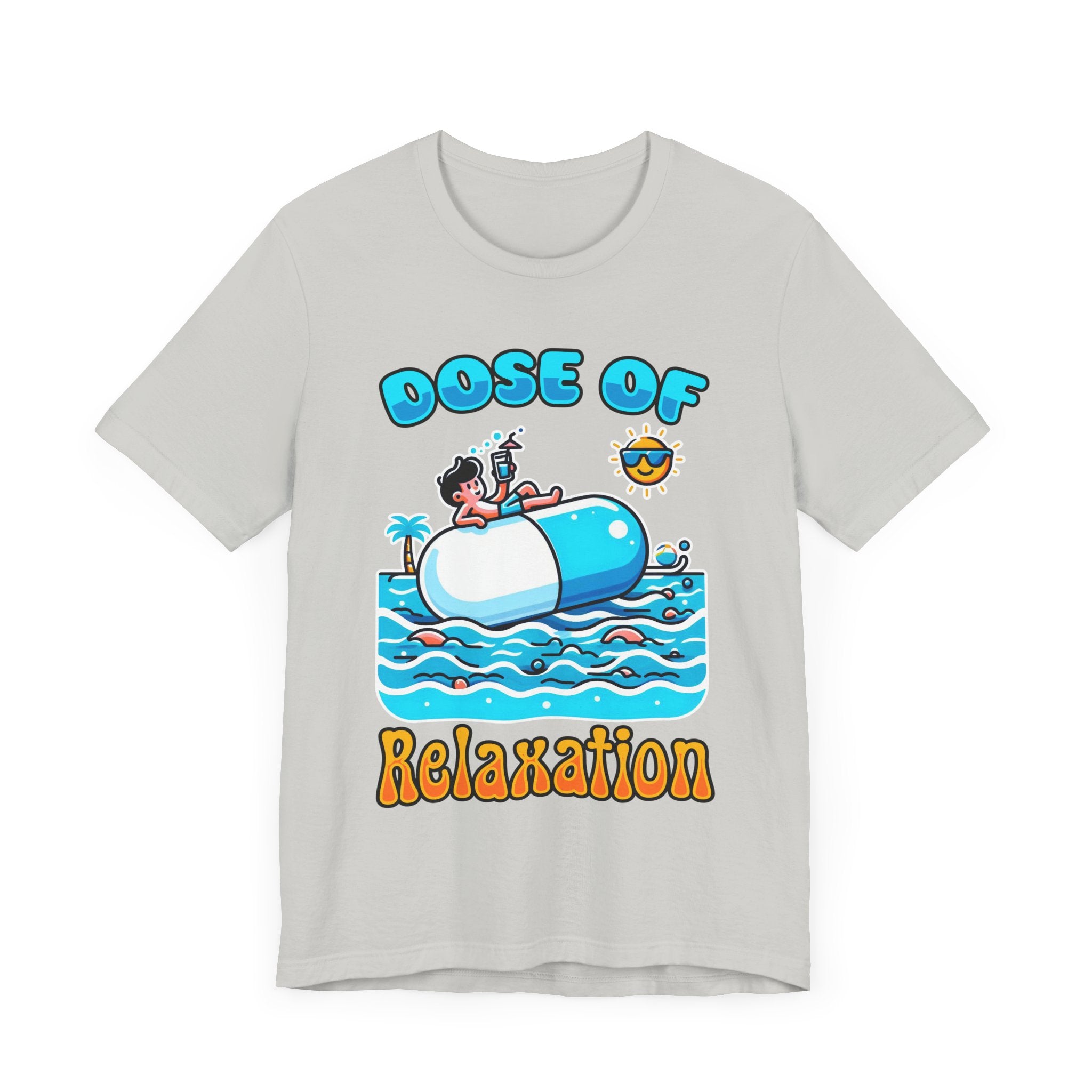 Dose of Relaxation | Boy Sitting on Pill Floating on Water with Drink, Sun & Palm Tree Graphic T-Shirt