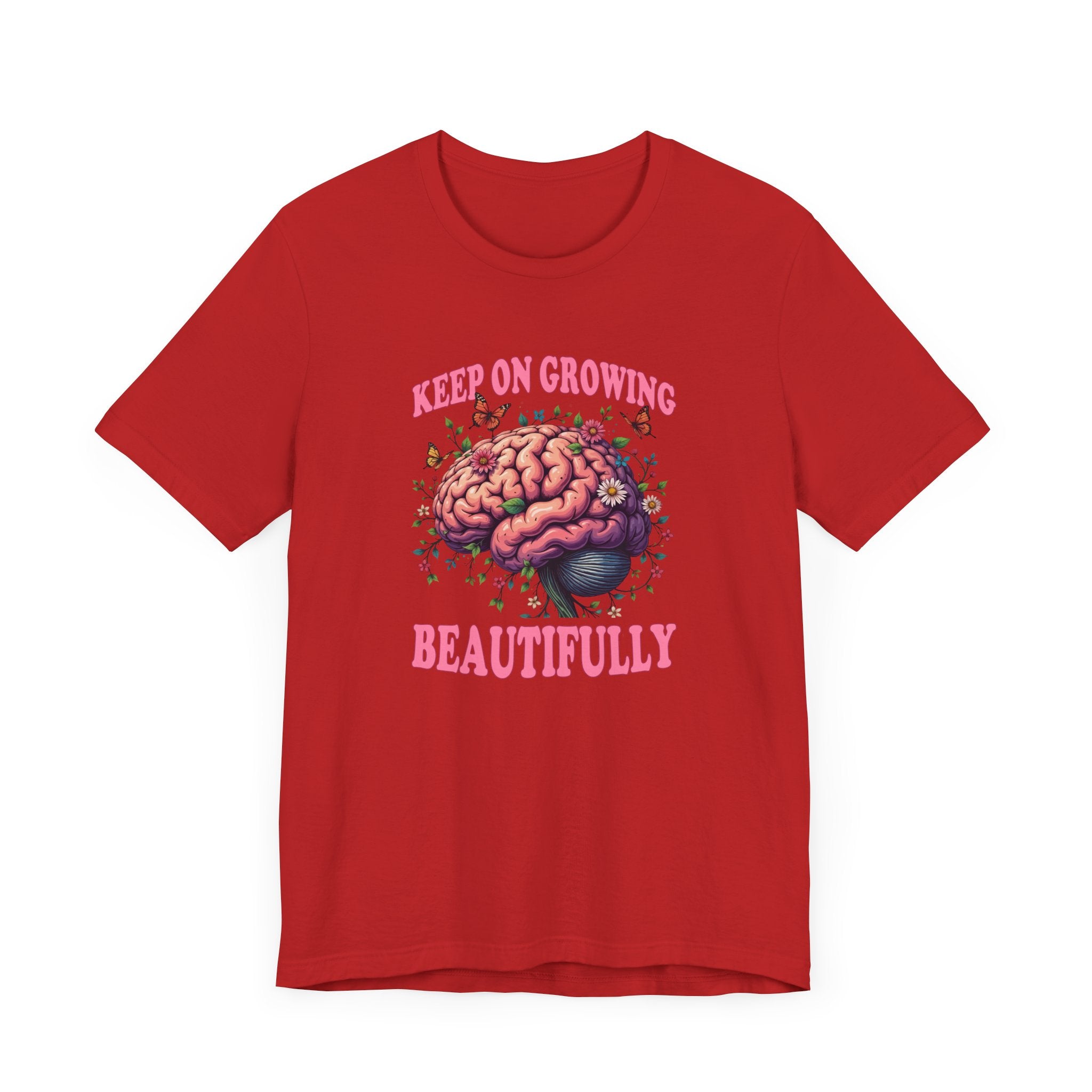 Keep on Growing Beautifully – Brain with Flowers, Plants & Butterflies Graphic T-Shirt