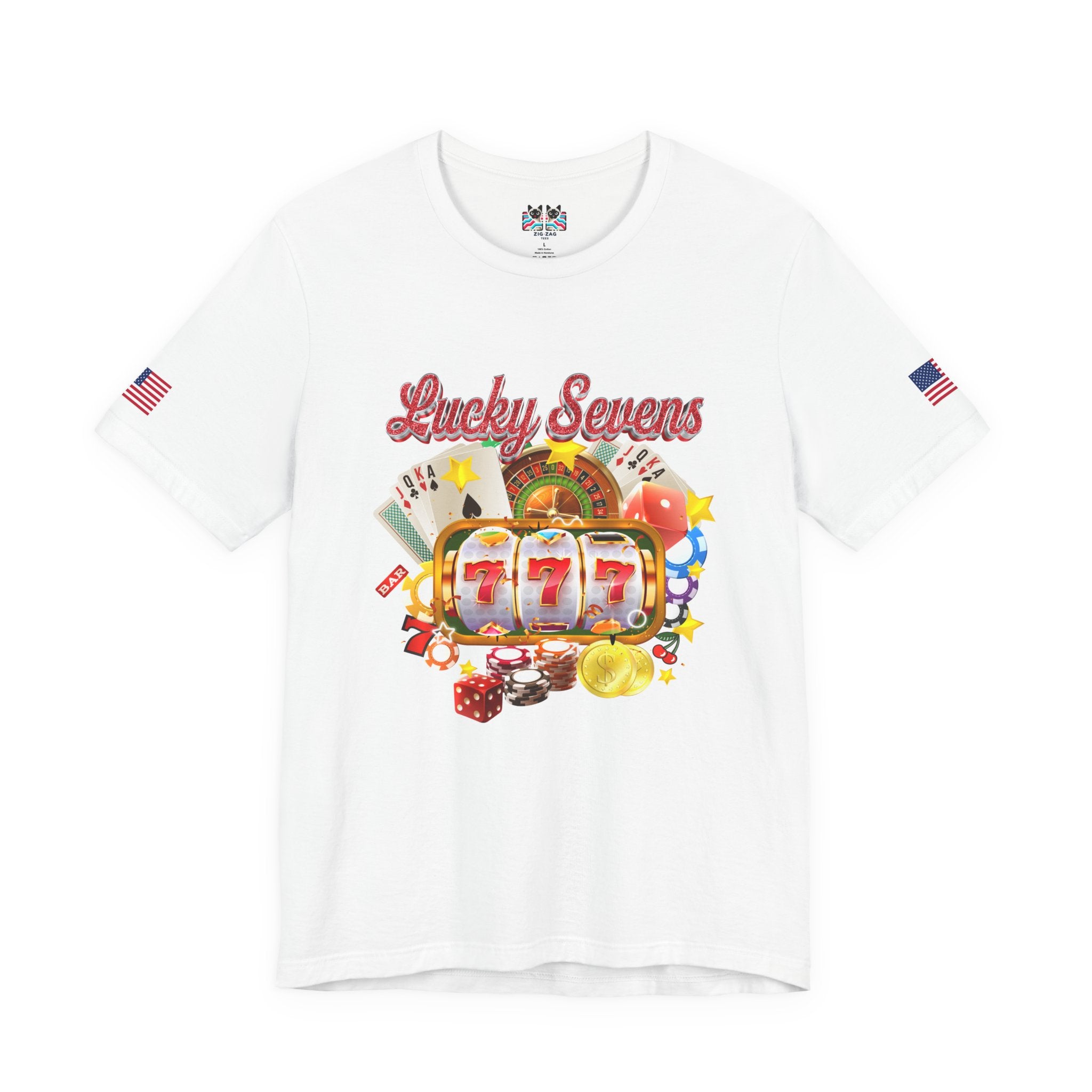 Lucky Sevens Casino T-Shirt – 777 Slot Machine Roulette Poker Chips Vegas Tee