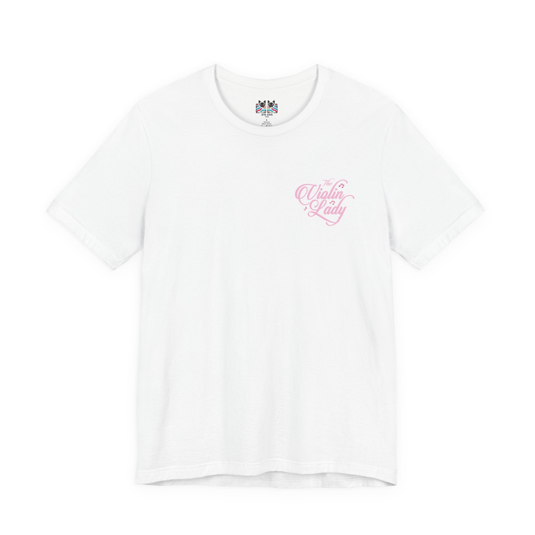 The Violin T-Shirt – Woman in Pink Dress with Flowers and Music Notes
