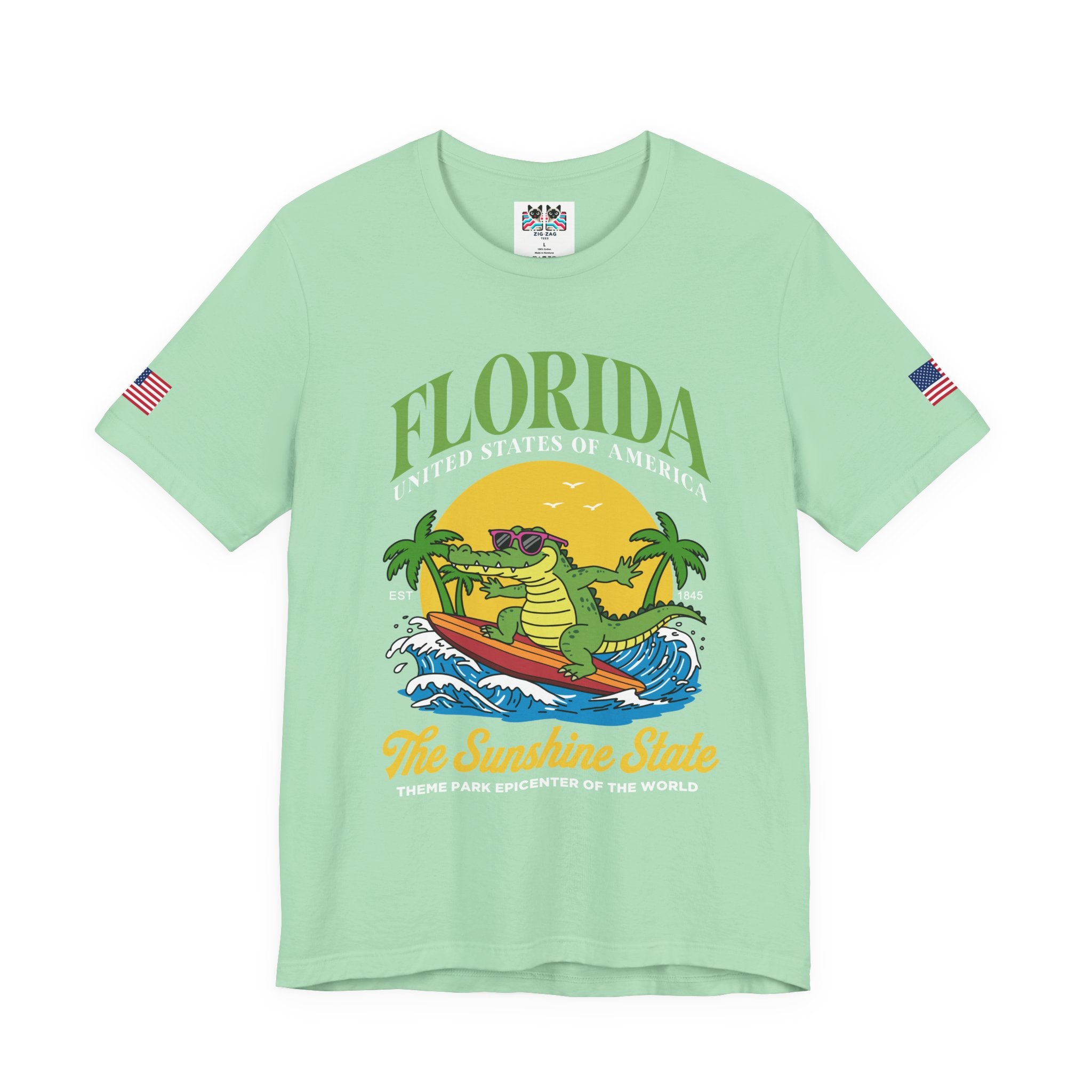 Florida Sunshine State T-Shirt – Surfing Alligator EST 1845 Theme Park Epicenter USA Tee