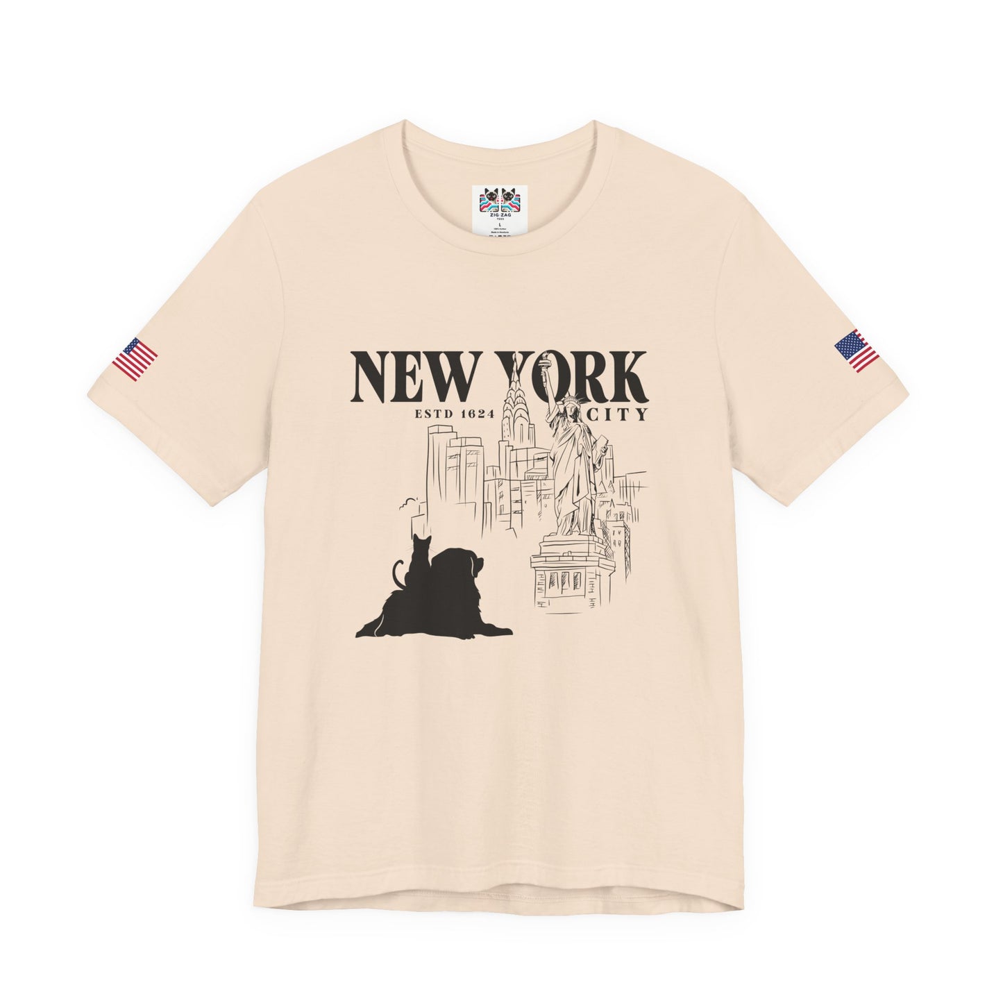 New York City Cat Dog T-Shirt - NYC Est. 1624 Sketch Art with Brooklyn Bridge & Liberty