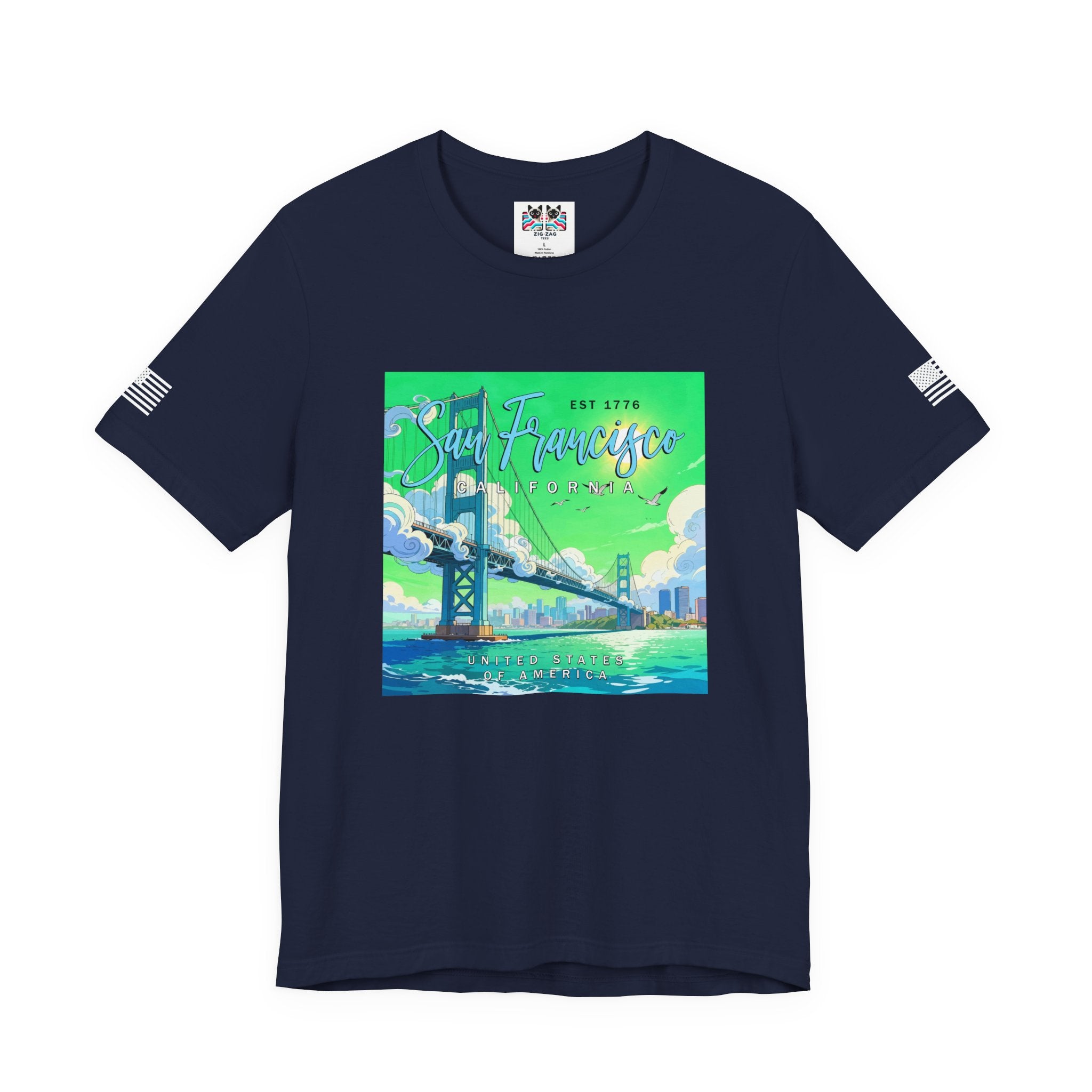 San Francisco California Est 1776 T-Shirt – Golden Gate Bridge Illustrated Graphic Tee United States of America