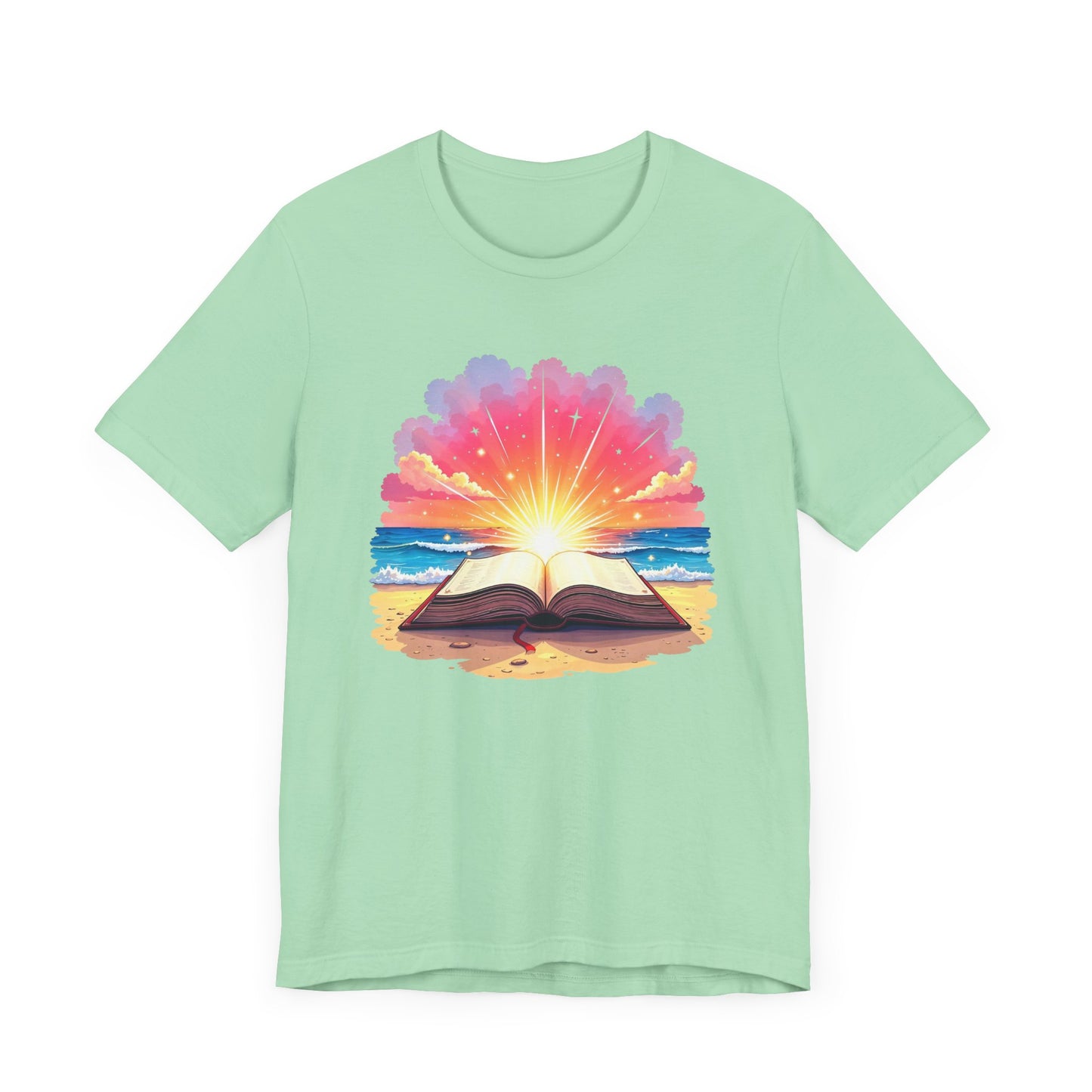 Magical Open Book on Beach with Radiant Flashlight Graphic T-Shirt