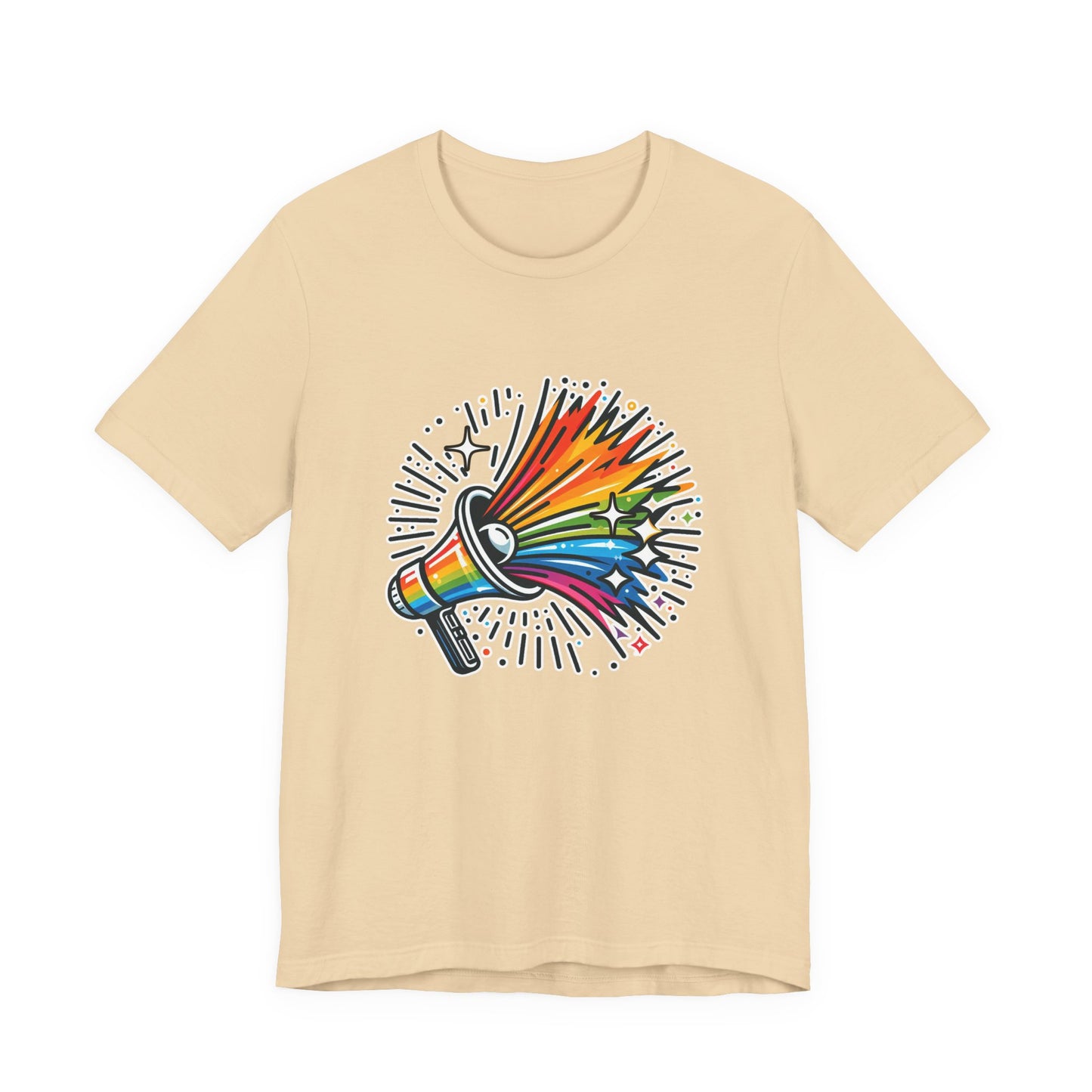 Proud & Loud – Colorful Handheld Speaker with Exploding Stars Graphic T-Shirt