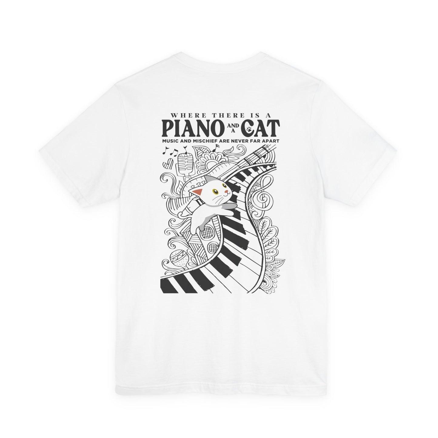 Music and Mischief T-Shirt – Piano and Playful Cat Graphic