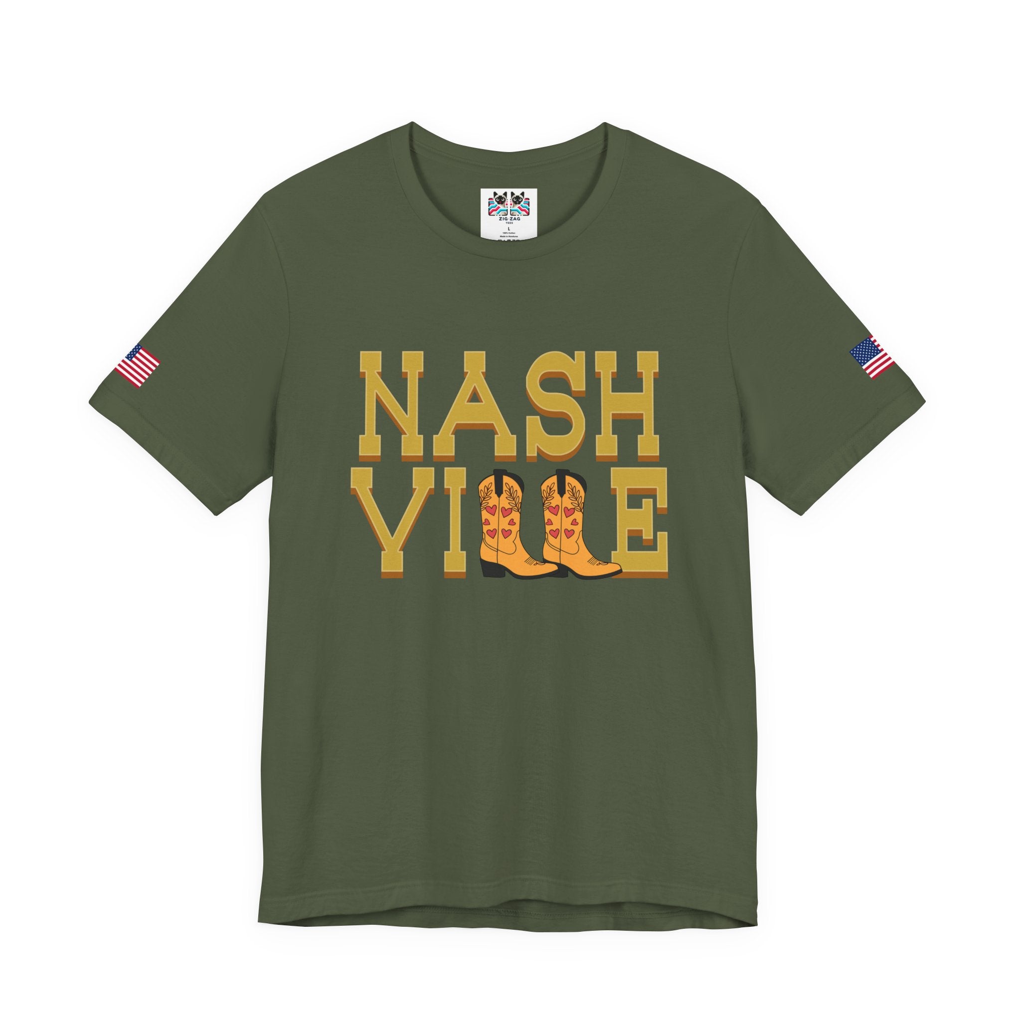Nashville T-Shirt – Bold Gold Block Letter Cowboy Boots Graphic Tee