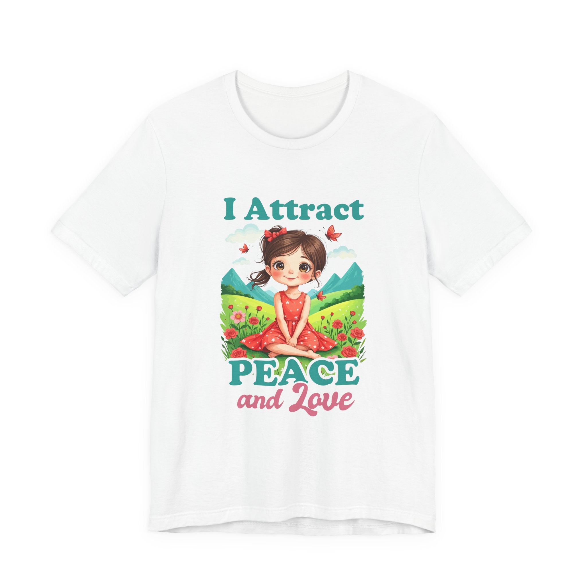 I Attract PEACE & Love – Little Girl in Nature with Butterflies Graphic T-Shirt