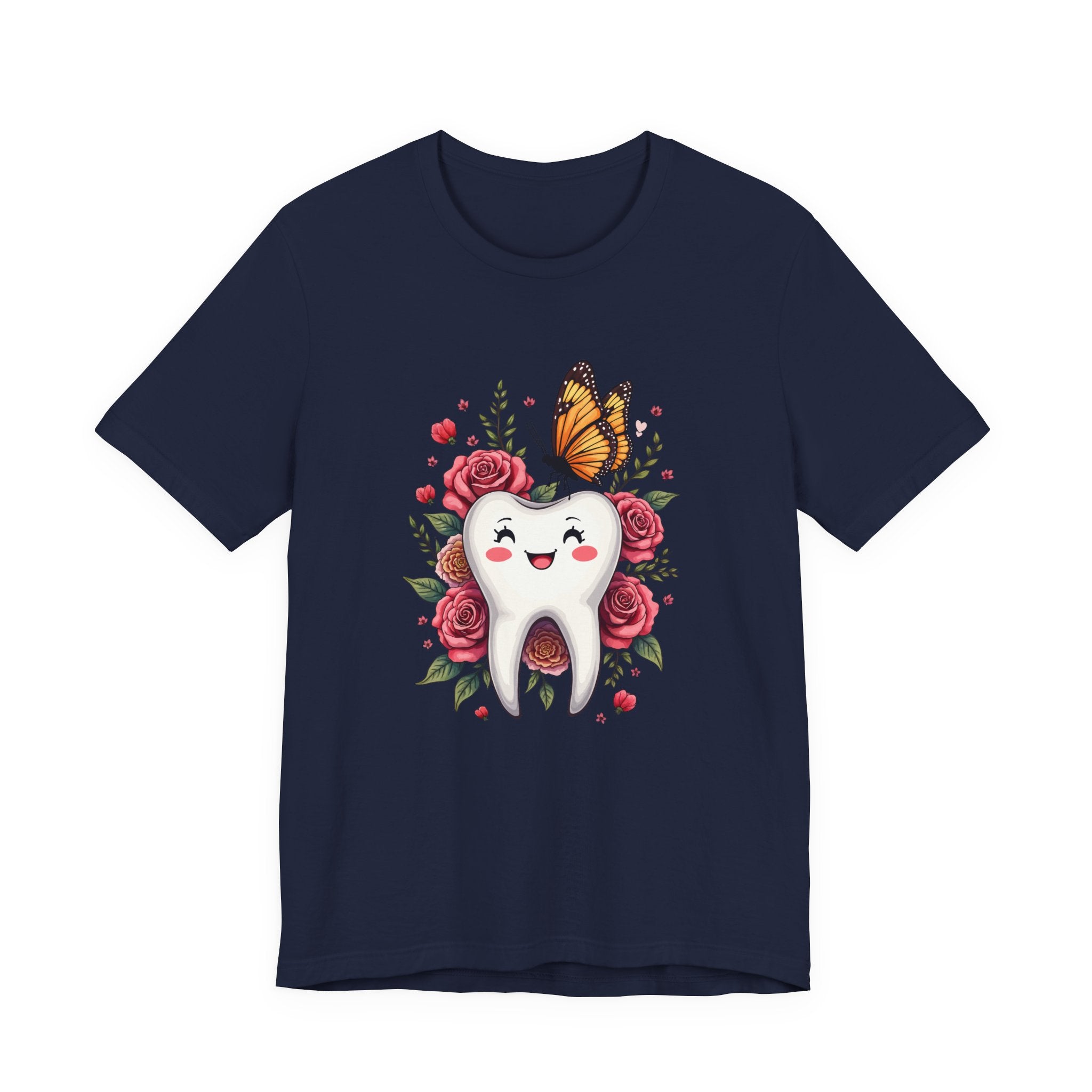 Smile T Shirt Featuring Large Smiling Tooth Surrounded by Flowers Leaves and Butterflies