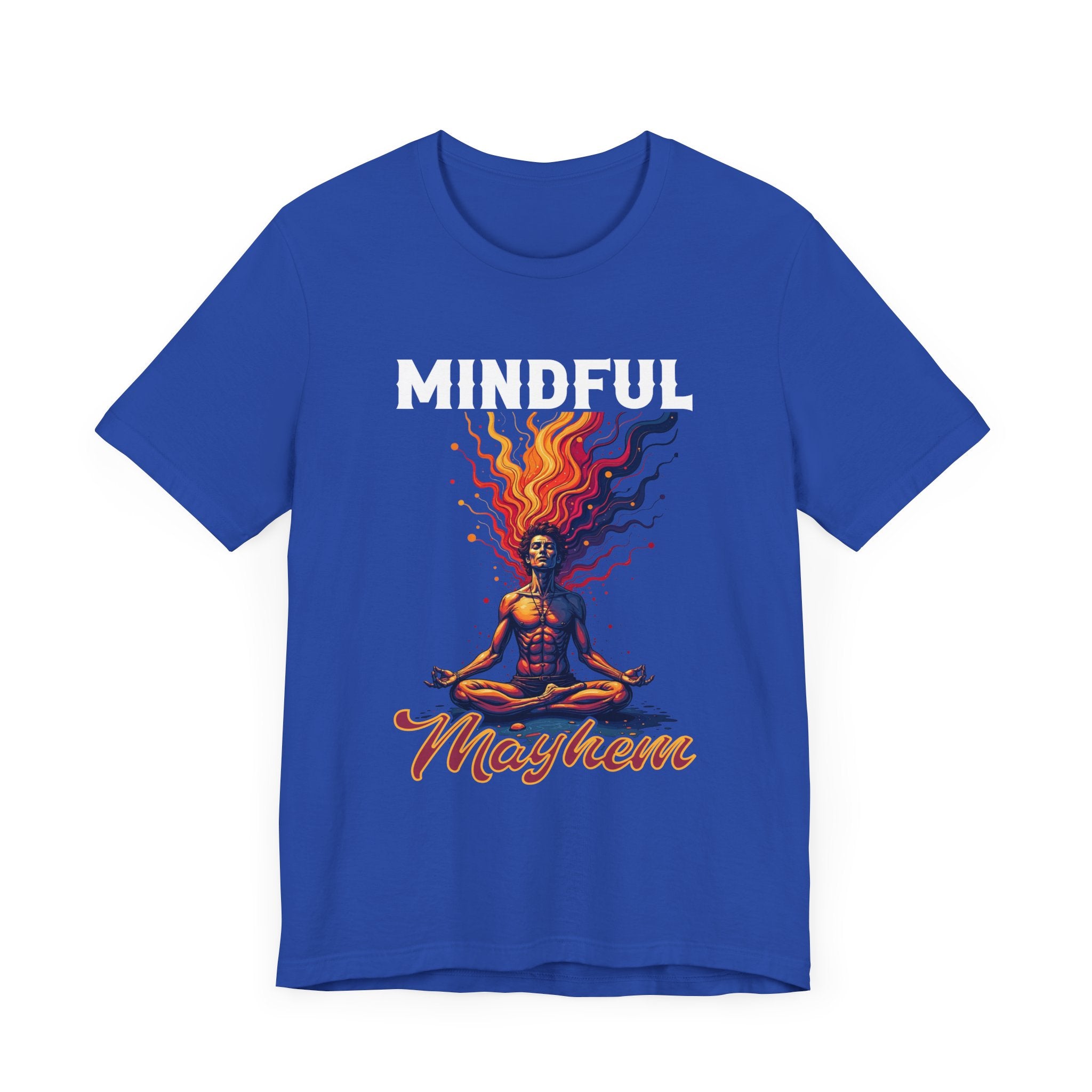 Mindful Mayhem – Meditating Man with Rising Flames Graphic T-Shirt
