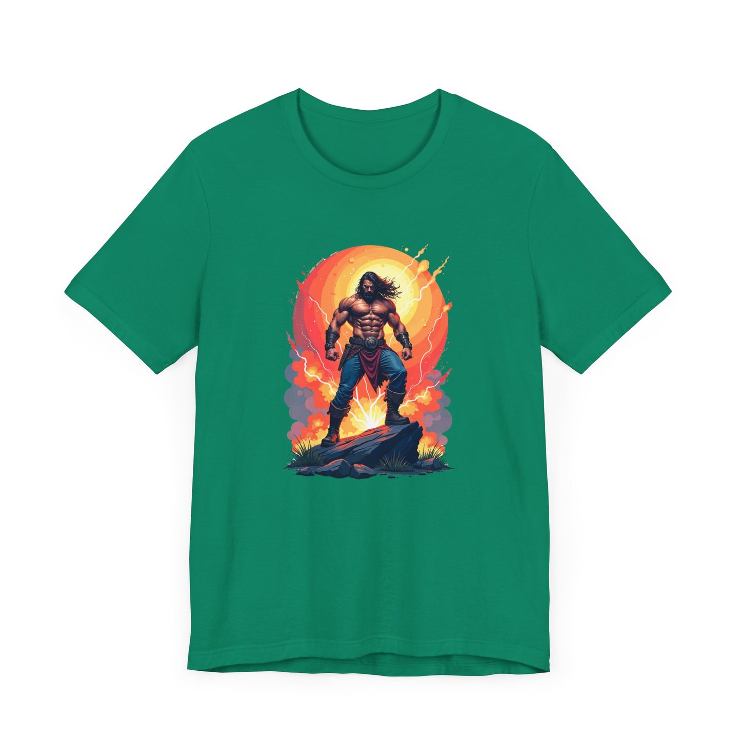 Power Unleashed – Strong Man on Rock with Lightning, Smoke & Fire Splash Graphic T-Shirt