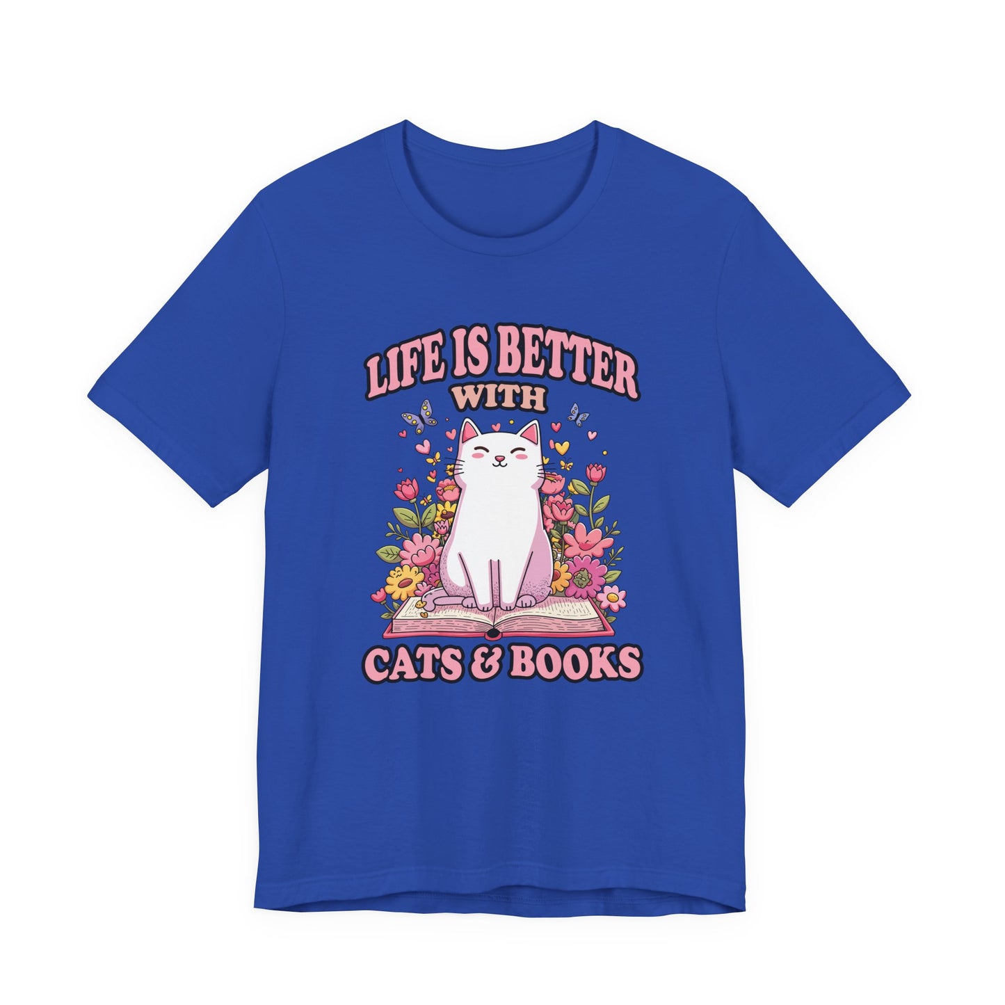 Life Is Better With Cat And Books Tshirt Cat Sitting on Open Book Flower Graphic