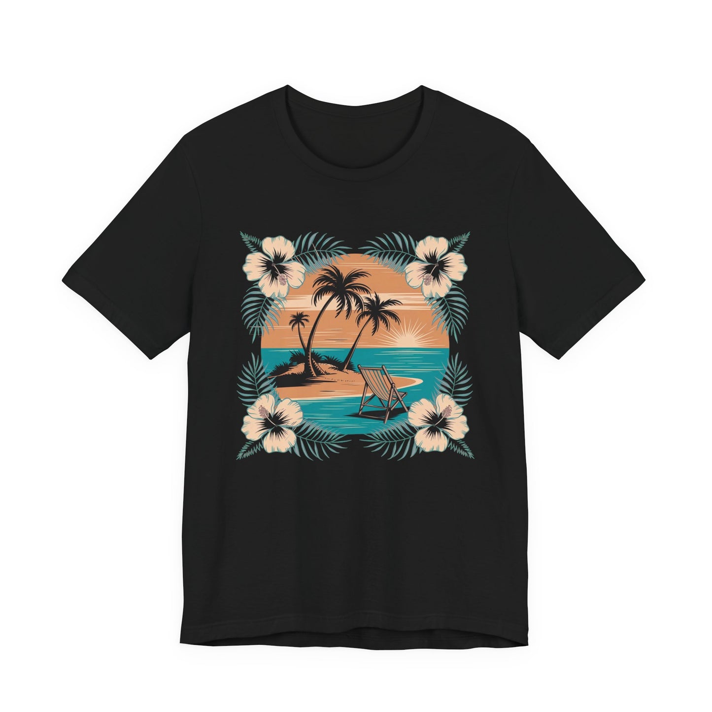 Tropical Escape – Beach Island Sunset with Floral Border Graphic T-Shirt