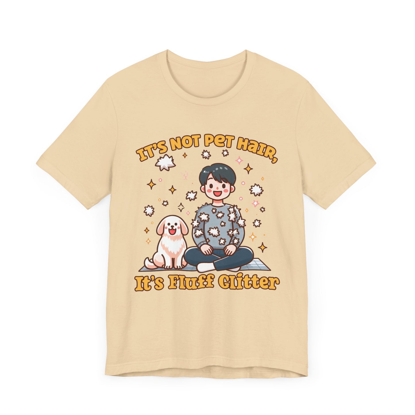 It's Not Pet Hair, It's Fluff Glitter | Smiling Puppy and Boy with Flying Hair & Glitter T-Shirt