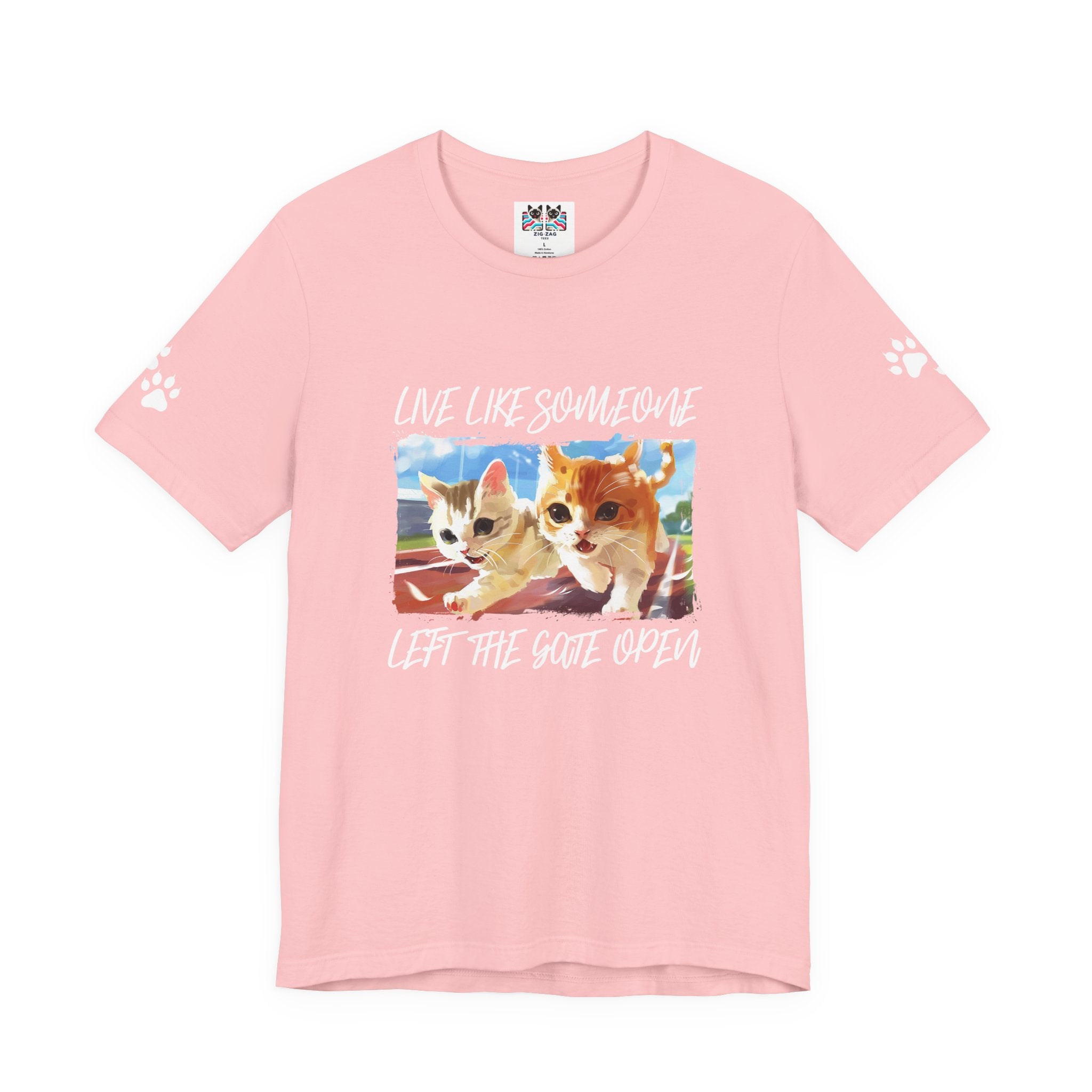 Live Like Someone Left the Gate Open T-Shirt – Running Kittens Freedom Adventure Quote Graphic Tee