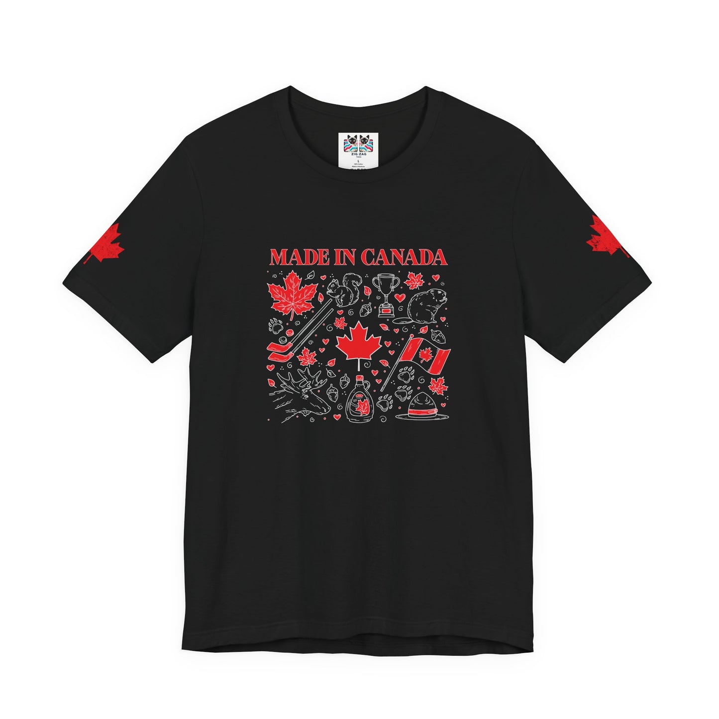 Made In Canada Iconic Symbols - Red & White outline Print T-Shirt