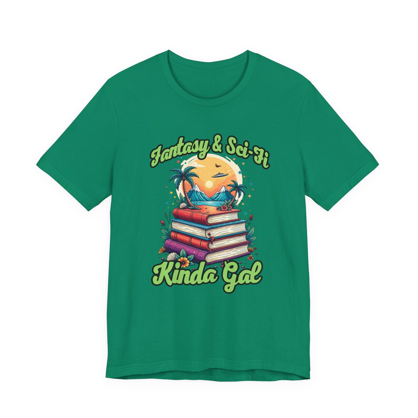 Fantasy And SciFi Kinda Gal Tshirt with Stacked Books with Flowers, Trees, Mountains and UFO