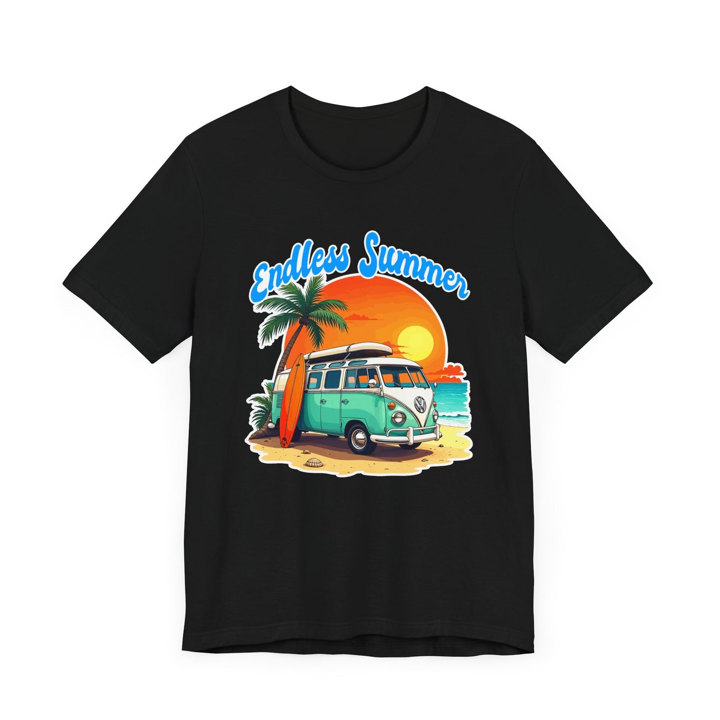 Endless Summer Beach Van with Surfboard and Palm Tree Sunset Graphic T-Shirt