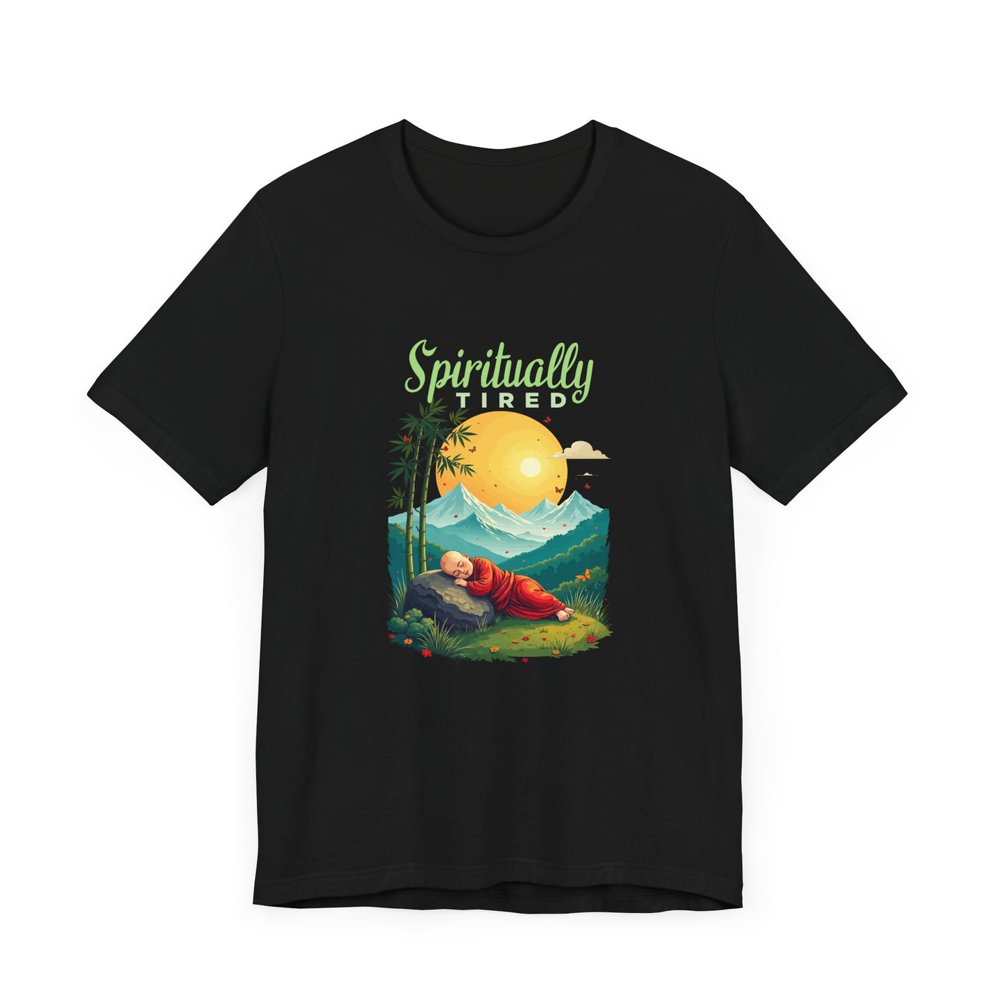 Spiritually Tired – Sleeping Monk Boy in Sunrise Nature Graphic T-Shirt
