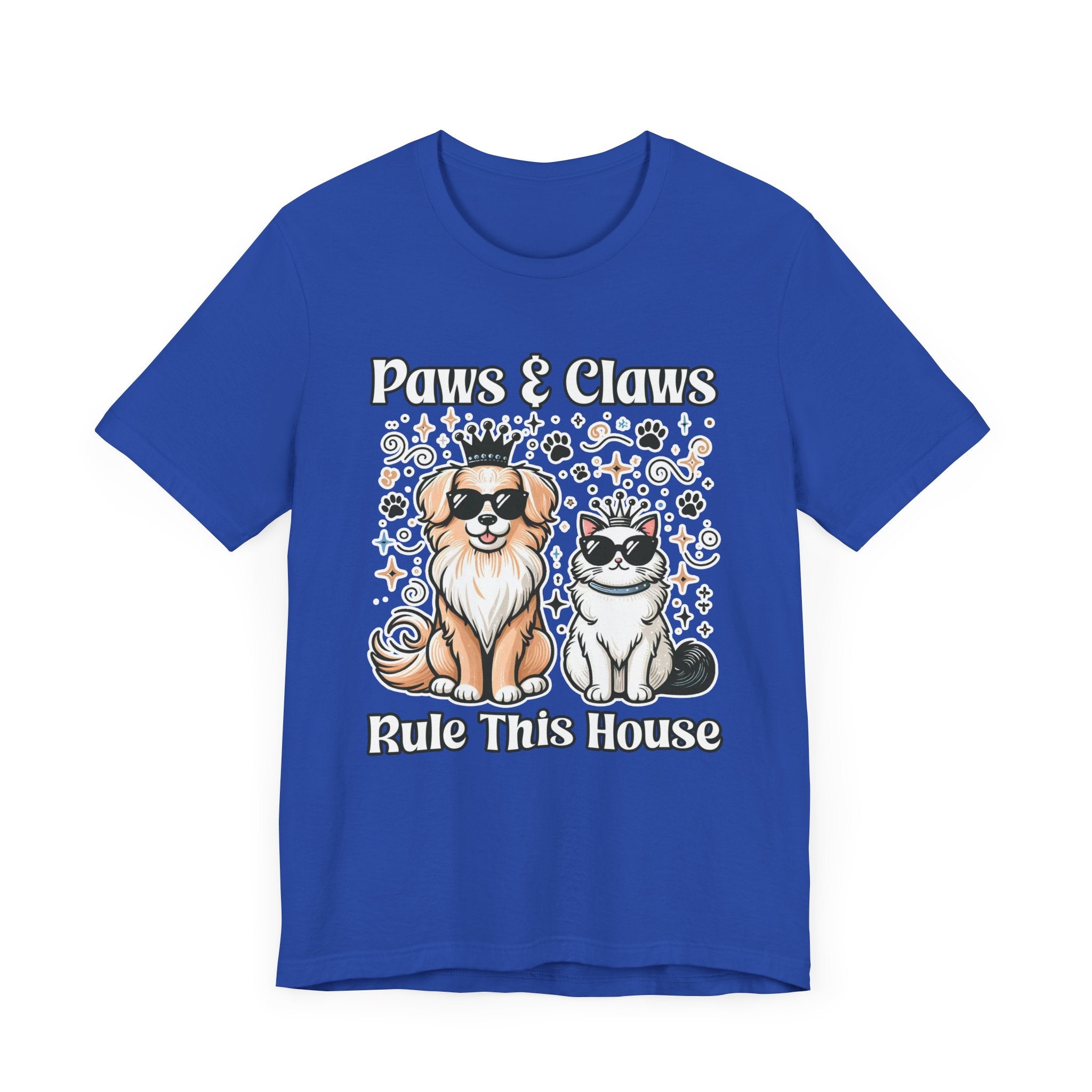 Paws and Claws Rule the House | Smiling Dog & Cat with Paw Shapes T-Shirt