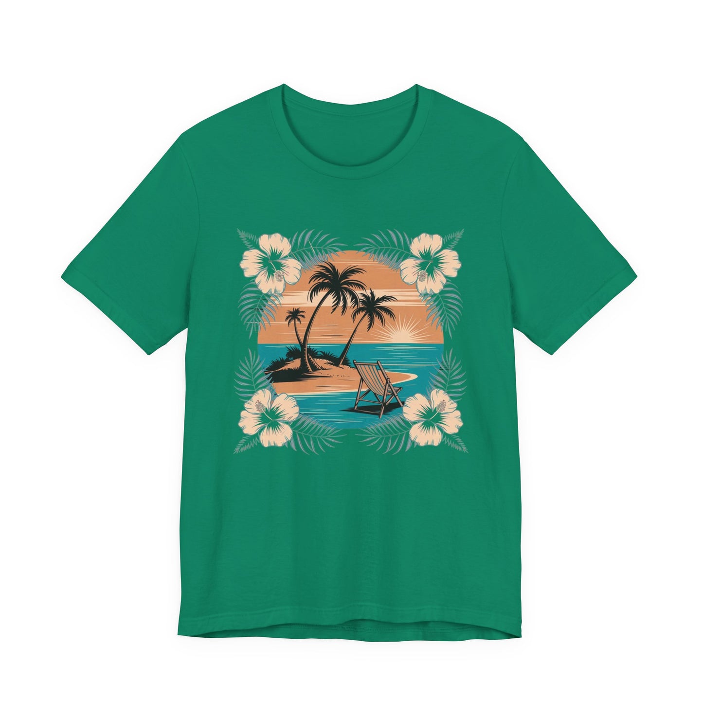 Tropical Escape – Beach Island Sunset with Floral Border Graphic T-Shirt
