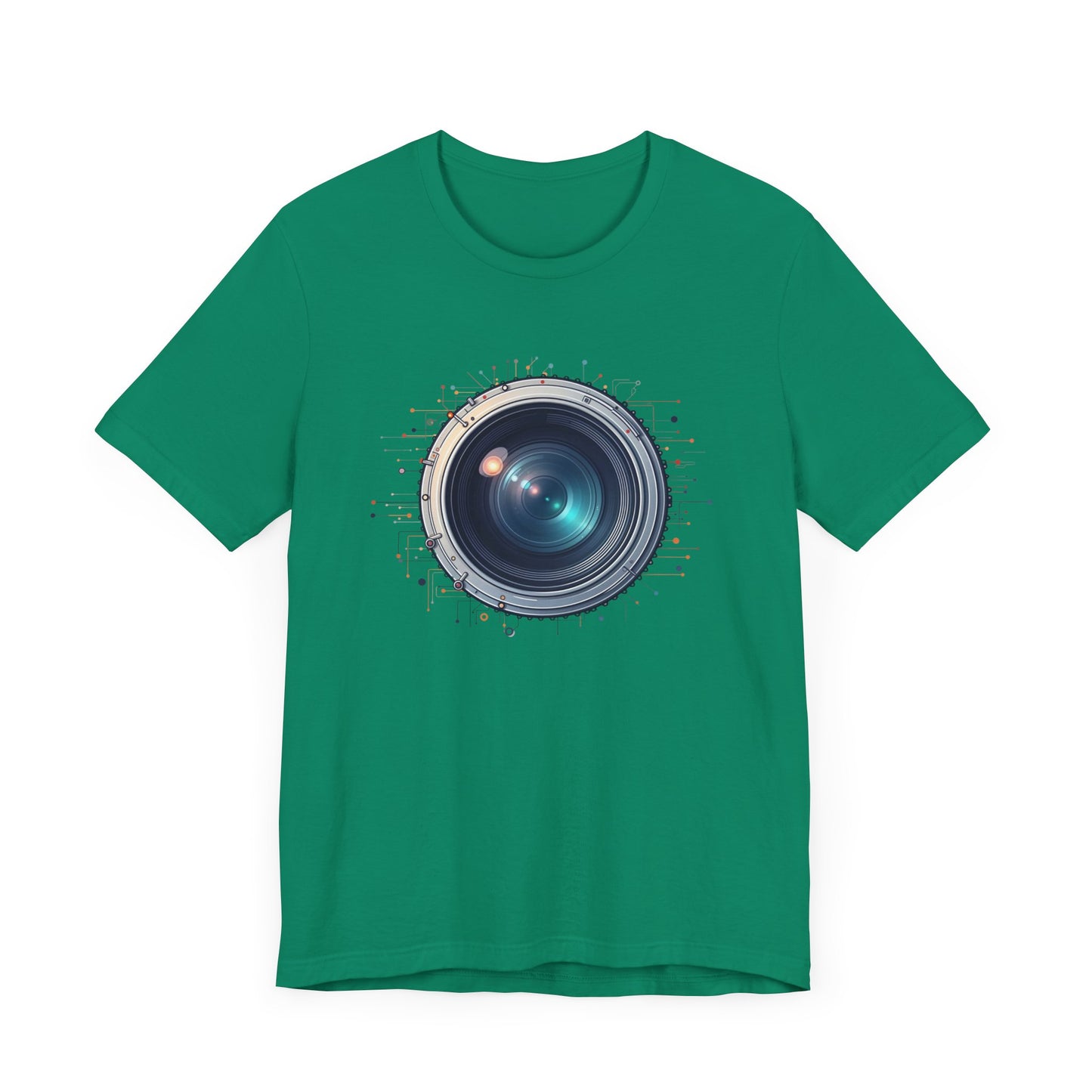 Focus Mode – Large Camera Lens with Radiant Lines & Color Splash Graphic T-Shirt